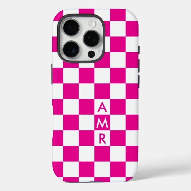 Monogramm Hot Pink White Checked Muster iPhone 16 Pro Hülle (Rückseite)