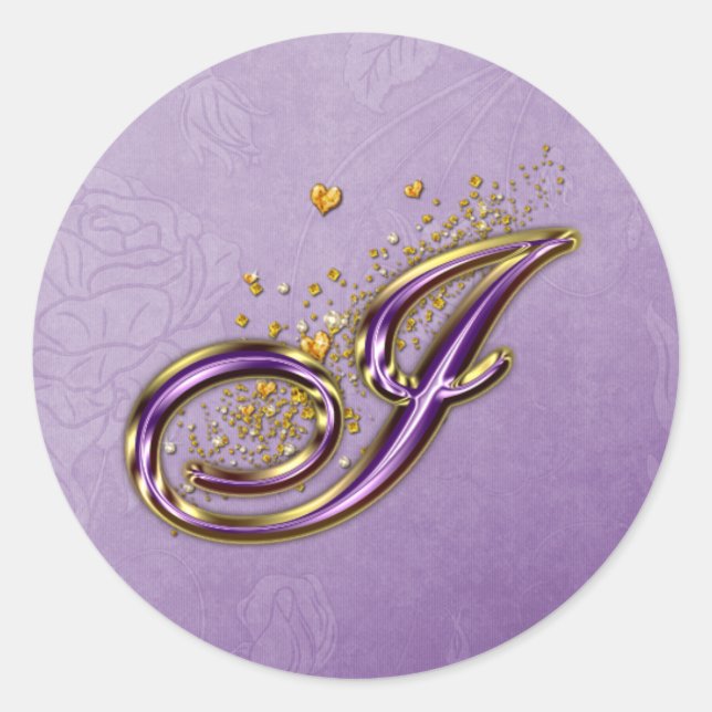 Monogramm-I-Aufkleber für lila Glitzer und Gold Runder Aufkleber (Vorderseite)