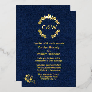 Monogramm im Blumenkranz Blaue Damast-Hochzeit Folieneinladung