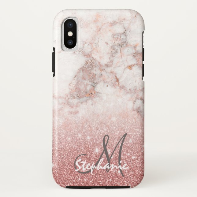 Monogramm-Imitat-Rosen-GoldGlitzer weißes Case-Mate iPhone Hülle (Rückseite)
