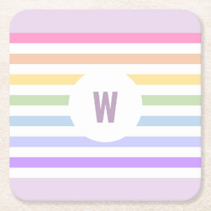 Monogramm in der weiß-Circle-Pastel-Rainbow-Streif Rechteckiger Pappuntersetzer