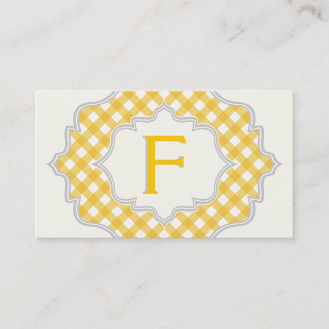 Monogramm in einem Rahmen, gelb-weißes Gingham-Mus Visitenkarte (Vorderseite)