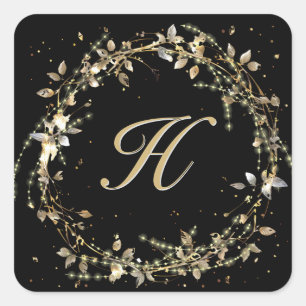 Monogramm in Gold glühender Kranz auf schwarz Quadratischer Aufkleber