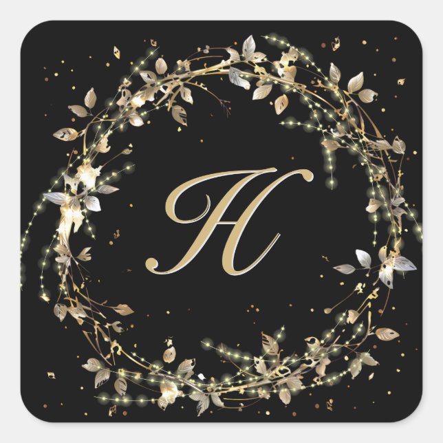 Monogramm in Gold glühender Kranz auf schwarz Quadratischer Aufkleber (Vorderseite)