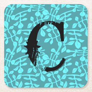 Monogramm in Not auf stilisierten Blättern in Aqua Rechteckiger Pappuntersetzer