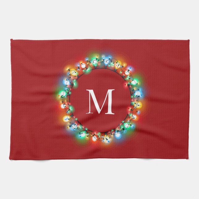 Monogramm in Weihnachtslicht Circle Holiday Geschirrtuch (Horizontal)