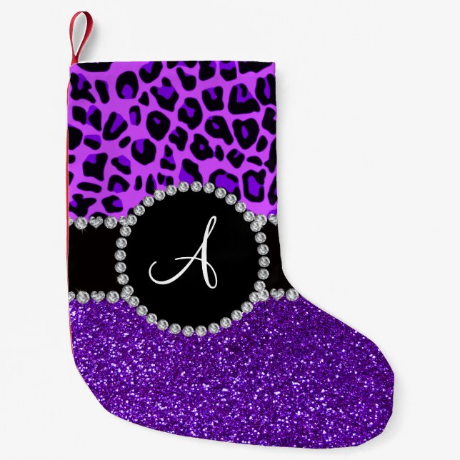 Monogramm Indigo lila Glitzer Neoner lila Leopard Kleiner Weihnachtsstrumpf (Vorderseite)