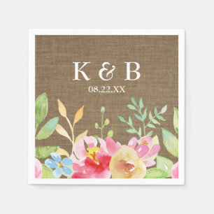 Monogramm Initial Date Watercolor Blume Burlap Serviette