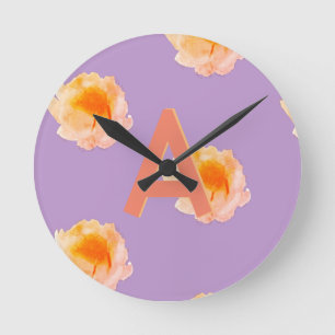 Monogramm Initial Floral Lilac Peach Runde Wanduhr