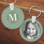 Monogramm Initial Foto Retro Radial Dot Pin Grün Schlüsselanhänger<br><div class="desc">Keyring mit dem Monogramm-Initial in einem runden,  radialen Punktrahmen auf einem grünen Hintergrund und einem benutzerdefinierten Foto auf der Rückseite.</div>