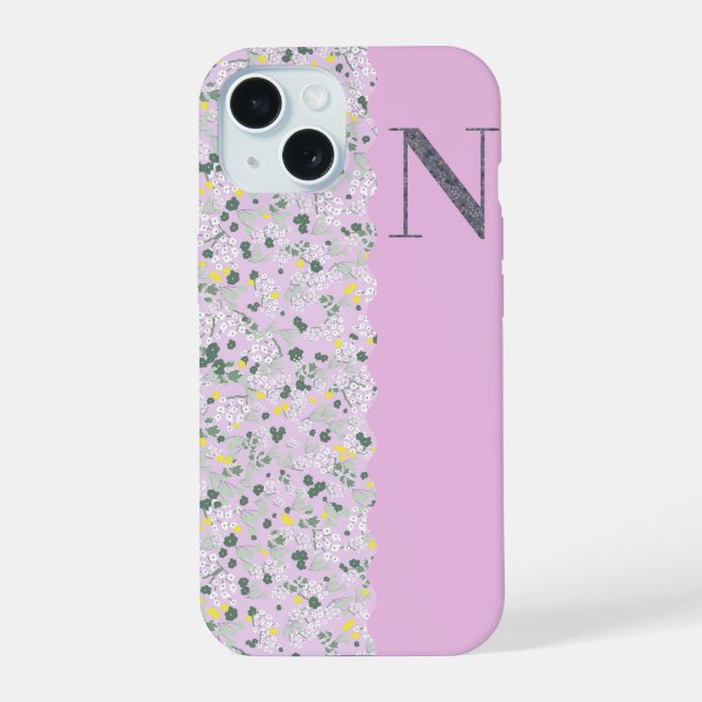 MONOGRAMM INITIAL N LILA KLEINE BLUMEN iPhone 15 HÜLLE (Rückseite)