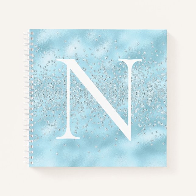 Monogramm Initial Powder Blue Glitzern Blend Notizbuch (Vorderseite)