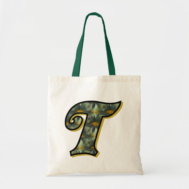 Monogramm Initial T Black Daisies Tote Bag Tragetasche (Vorne)