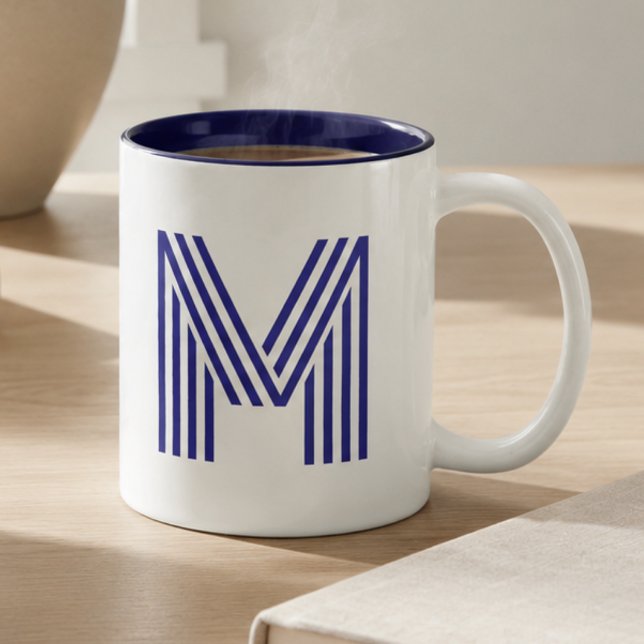 Monogramm Initiale Blau Modern Einfach Zweifarbige Tasse (Von Creator hochgeladen)