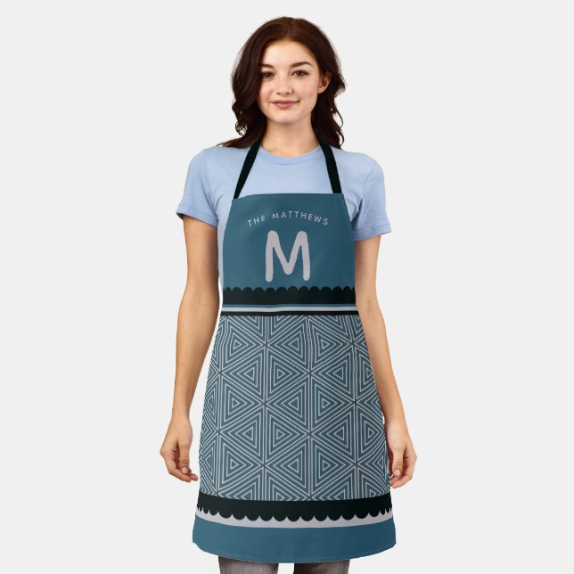Monogramm Initiale Blaue Geometrische Küche Schürze (Getragen)