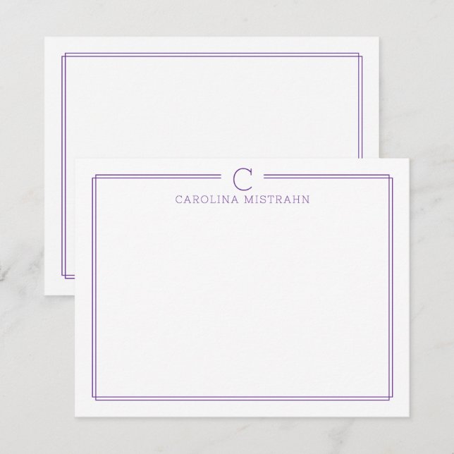 Monogramm Initiale Casual Lila Rand Briefpapier Mitteilungskarte (Vorne/Hinten)