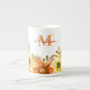 Monogramm Initiale Name Orange Wasserfarbe Floral Prozellantasse