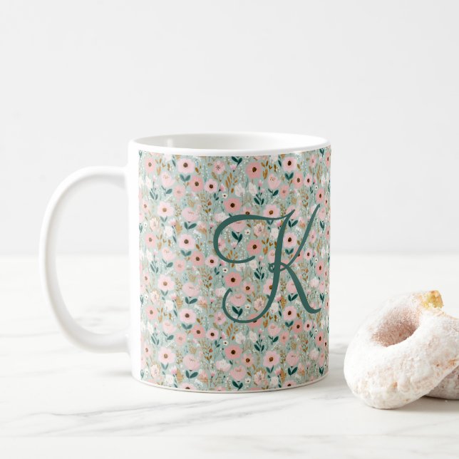 Monogramm Initiale Rosa Grün Aquarell Blumen  Kaffeetasse (Mit Donut)
