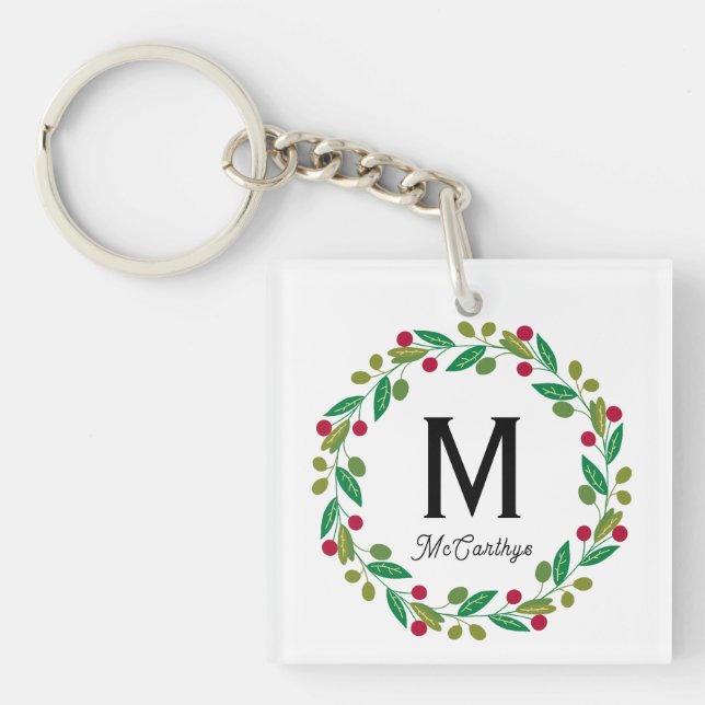 Monogramm-Initiale - Weihnachtskranz Schlüsselanhänger (Vorderseite)