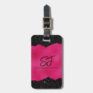 Monogramm-Initialen auf Hot Pink und Black Glitzer Gepäckanhänger