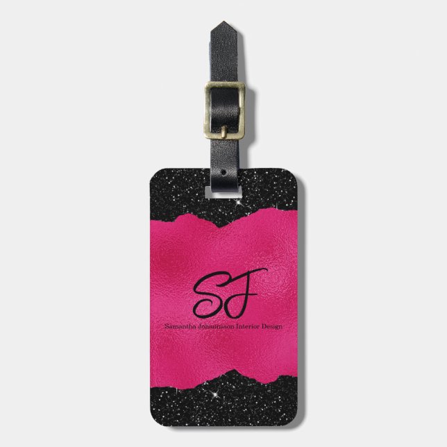Monogramm-Initialen auf Hot Pink und Black Glitzer Gepäckanhänger (Vorderseite vertikal)