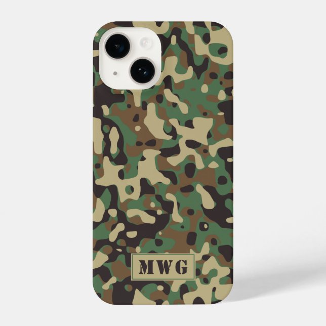 Monogramm-Initialen der Camouflage Tarnmuster iPhone 14 Hülle (Rückseite)