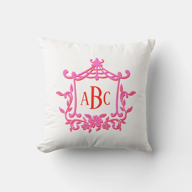 Monogramm-Initialen der rosa und roten Pagode-Blum Kissen (Vorderseite)