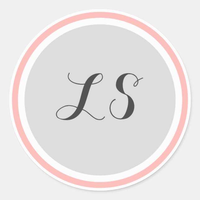 Monogramm-Initialen | Grau-weiß-rosa-Circle Border Runder Aufkleber (Vorderseite)
