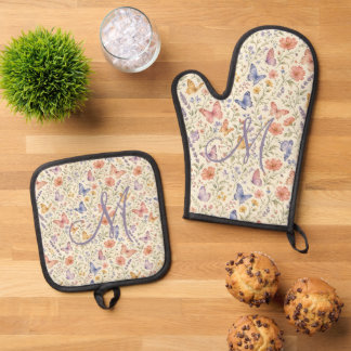 Monogramm Initialien Blumen Schmetterlinge Geschen Ofenhandschuh & Topflappen-Set