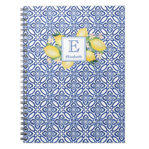 Monogramm italienisch inspirierte Zitronen blaue F Notizblock