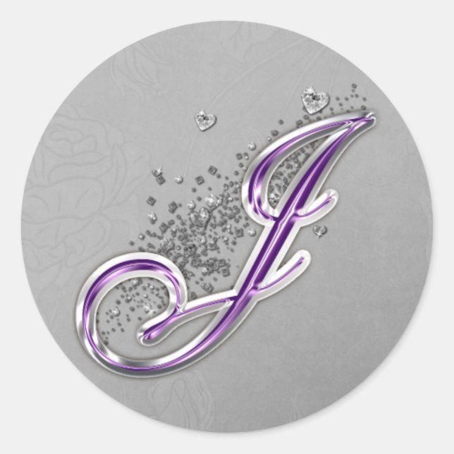Monogramm-J-Aufkleber für den lila Glitzer Runder Aufkleber (Vorderseite)