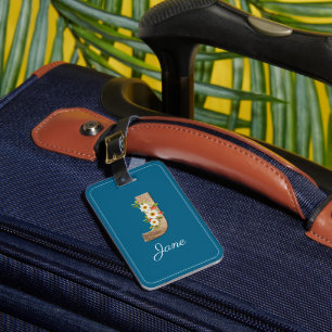 Monogramm J blaues Holz Buchstabe Blumen Gepäckanh Gepäckanhänger