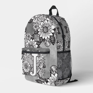 Monogramm "J" Sonnenblumen-Muster Schwarz-Weiß DIY Bedruckter Rucksack