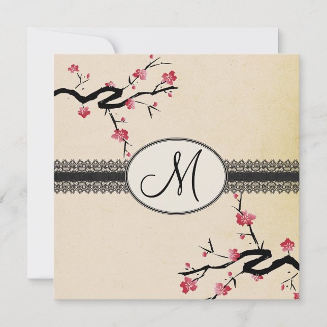 Monogramm japanische Kirschblütenhochzeit Einladung (Vorderseite)