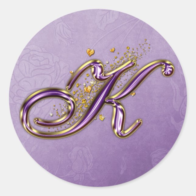 Monogramm-K-Aufkleber für lila Glitzer und Gold Runder Aufkleber (Vorderseite)