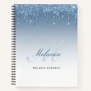 Monogramm-Kalligrafie blaue Glitter-Tropfen Notizb Notizbuch