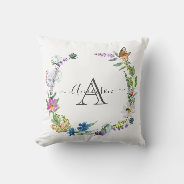 Monogramm Kalligrafie Schmetterlinge Blumen Kissen (Vorderseite)