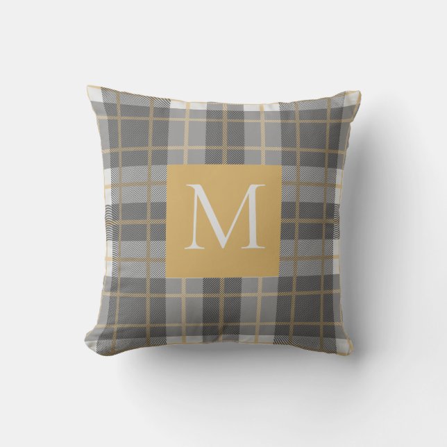 Monogramm Kariert Graugelber Kissen (Vorderseite)