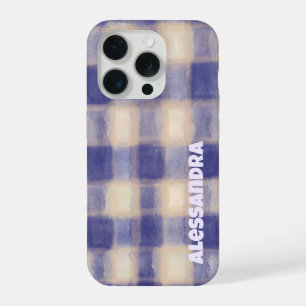 Monogramm Karo Gingham Marineblau Beige Farmhaus iPhone 15 Pro Hülle