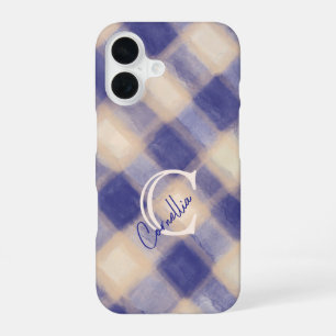 Monogramm Karo Gingham Marineblau Creme handgeschr iPhone 16 Hülle