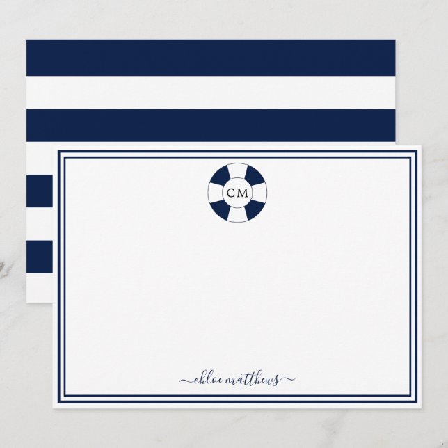 Monogramm-Karte für Navy und White Strip Mitteilungskarte (Vorne/Hinten)