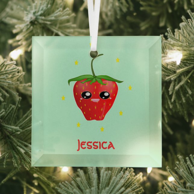 Monogramm Kawaii Erdbeerfrüchte auf Türkis Ornament Aus Glas (Insitu)