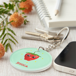 Monogramm Kawaii Erdbeerfrüchte auf Türkis Schlüsselanhänger