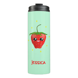 Monogramm Kawaii Erdbeerfrüchte auf Türkis Thermosbecher