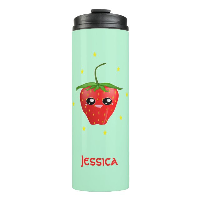 Monogramm Kawaii Erdbeerfrüchte auf Türkis Thermosbecher (Vorderseite)