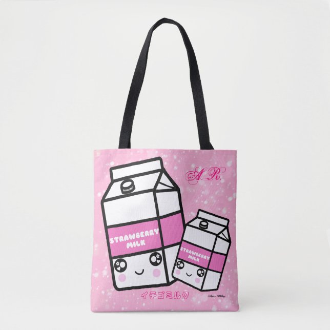 Monogramm Kawaii Erdbeermilch Tasche (Vorderseite)