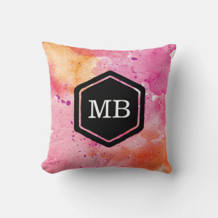 Monogramm-Kissen aus rosa und orangefarbenem Wasse Kissen