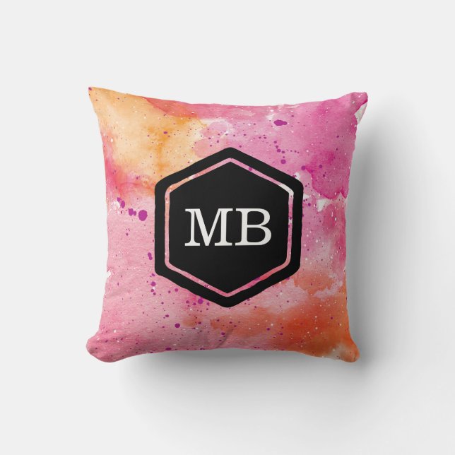 Monogramm-Kissen aus rosa und orangefarbenem Wasse Kissen (Vorderseite)