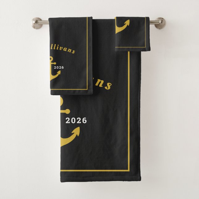 Monogramm Klassischer Maritimer Anker Schwarz Gold Badhandtuch Set (Insitu)