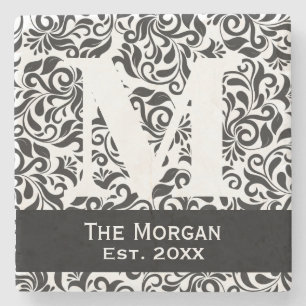 Monogramm-klassisches Damast-Familienname-Zeichen Steinuntersetzer